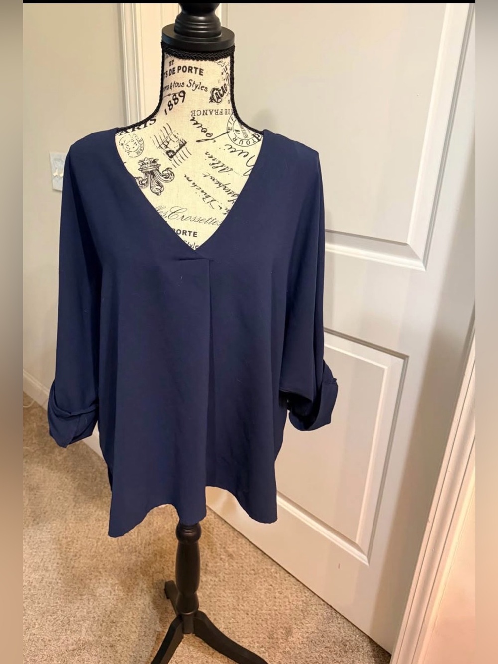 Navy V-Neck Women's Blouse